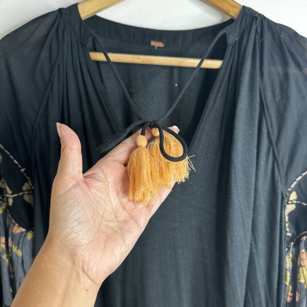 Free People Mix It Up Black Tunic Dress‎ Large Boho Floral Balloon Sleeve - Picture 12 of 16